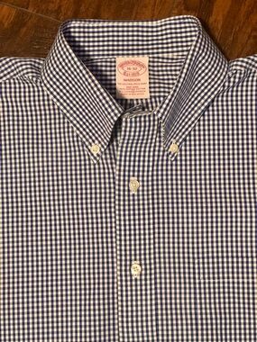 Brooks Brothers Shirt Madison Men's 16-32  Blue‎ White Gingham Non-Iron EUC